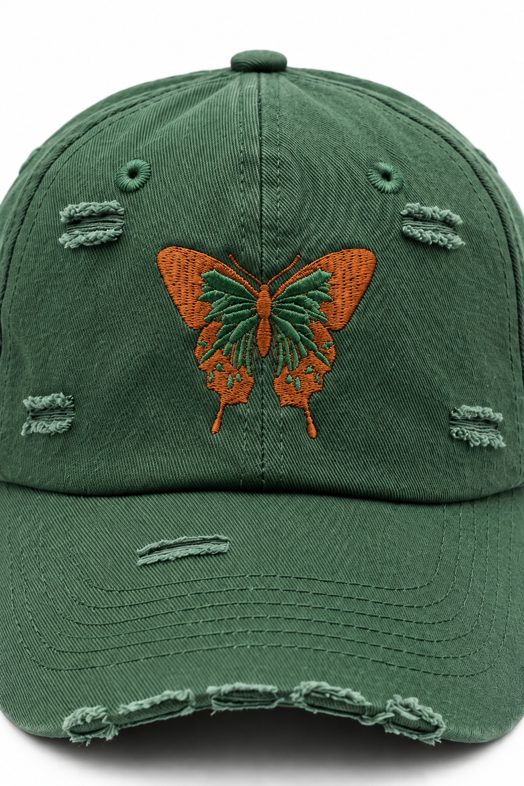 כובע BUTTERFLY B8 — ירוק כהה עם קרעים / ONE SIZE — תקריב פרטים