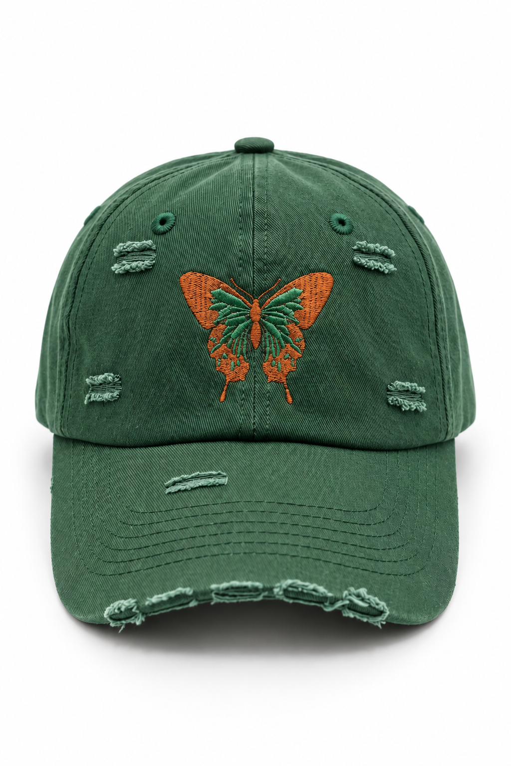 כובע BUTTERFLY B8 — ירוק כהה עם קרעים / ONE SIZE — מבט קדמי