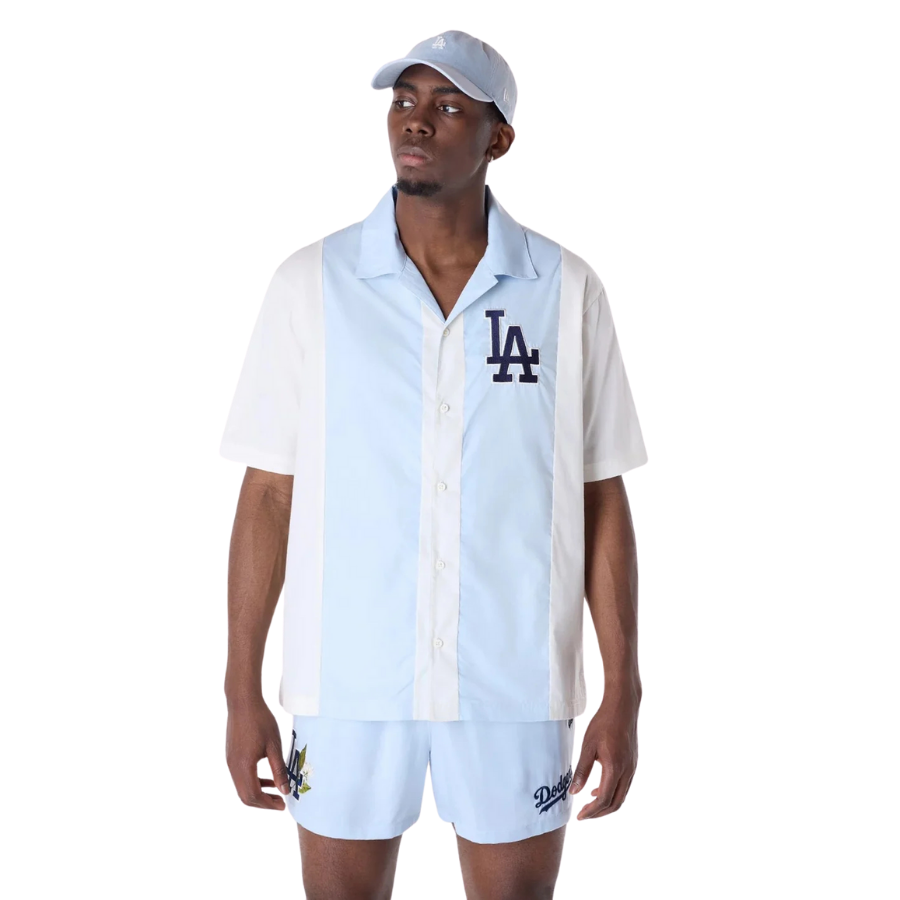 LA Dodgers Stripe Revere Open White Short Sleeve Shirt  (חולצה)