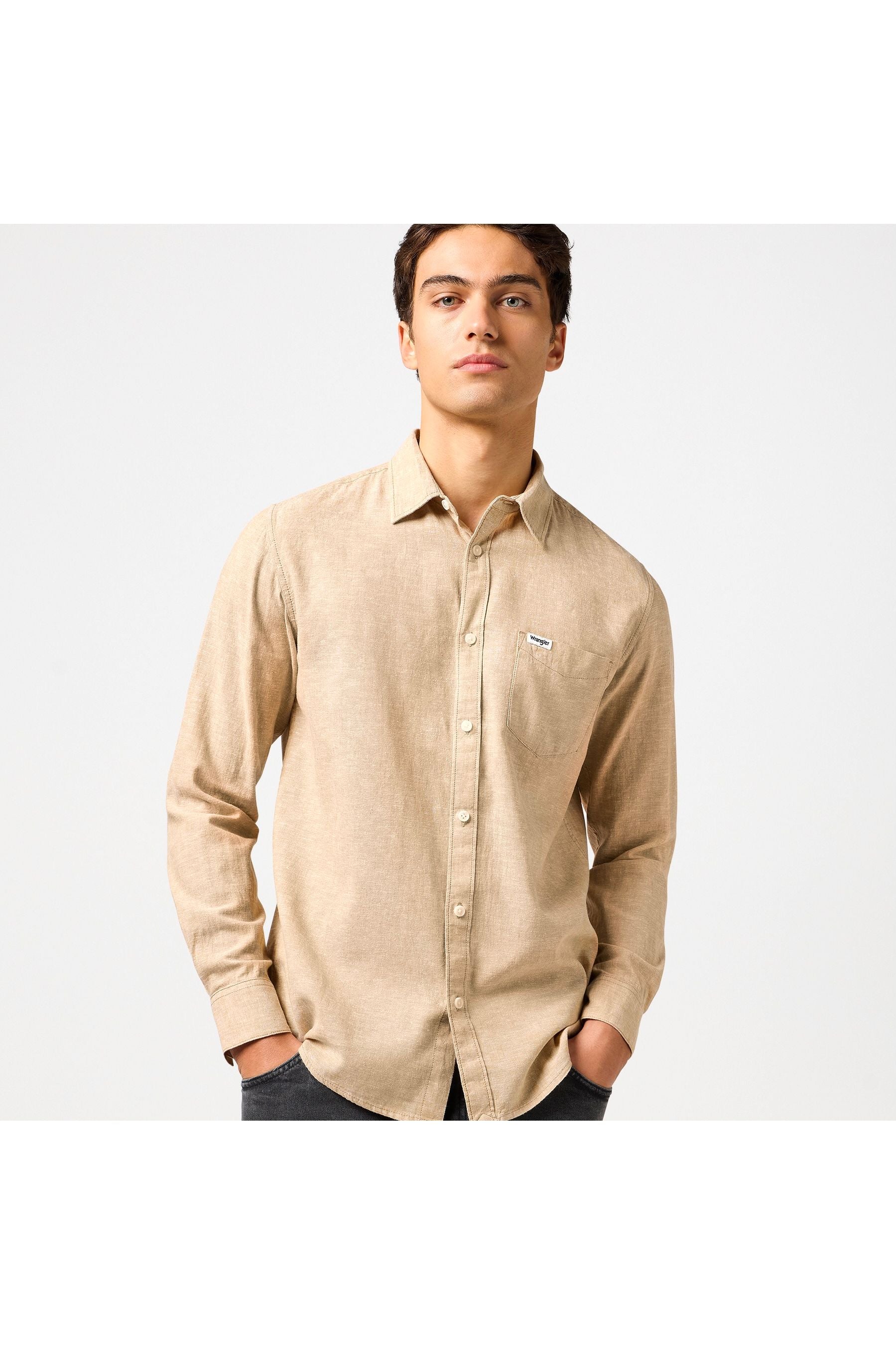 חולצה מכופתרת שרוול ארוך עם כיס - חום - Butterfly Sneakers