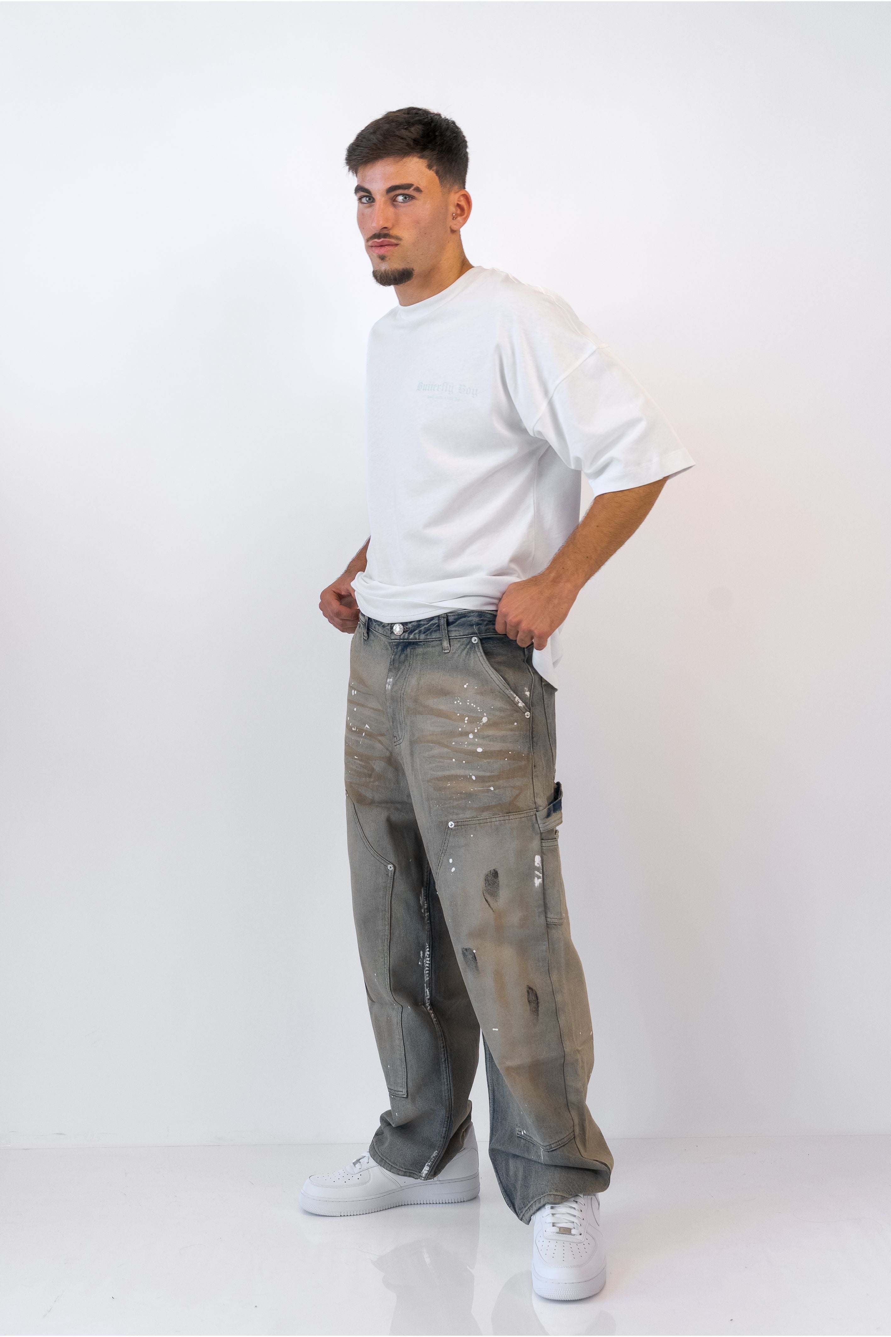 גינס בגזרת  Baggy כחול ווש - Butterfly Sneakers