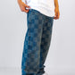 ג'ינס בגזרת Baggy בעיצוב ריבועים כחול