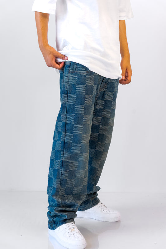 ג'ינס בגזרת Baggy בעיצוב ריבועים כחול