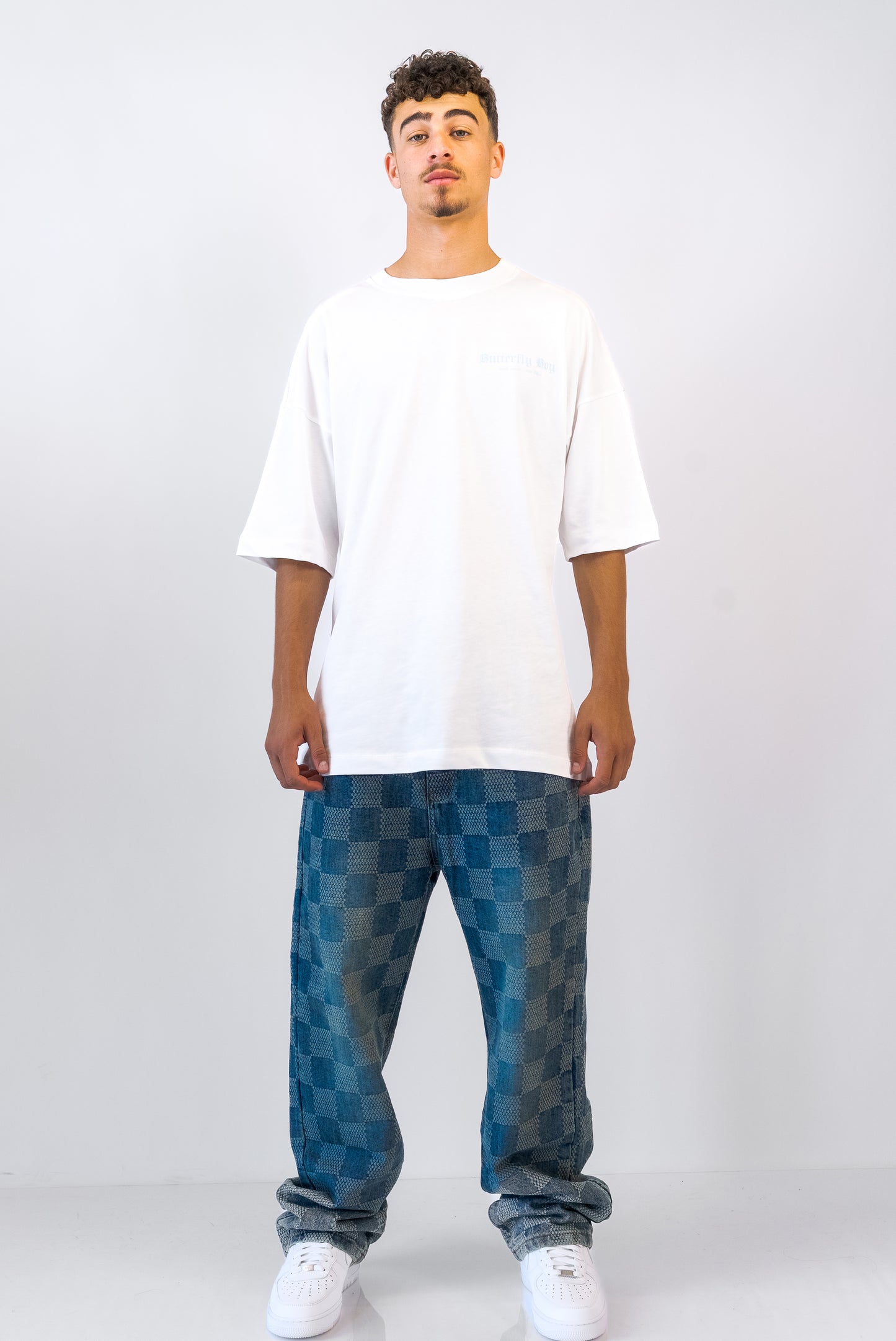 ג'ינס בגזרת Baggy בעיצוב ריבועים כחול