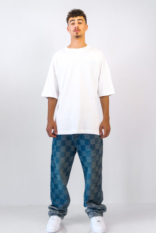 ג'ינס בגזרת Baggy בעיצוב ריבועים כחול