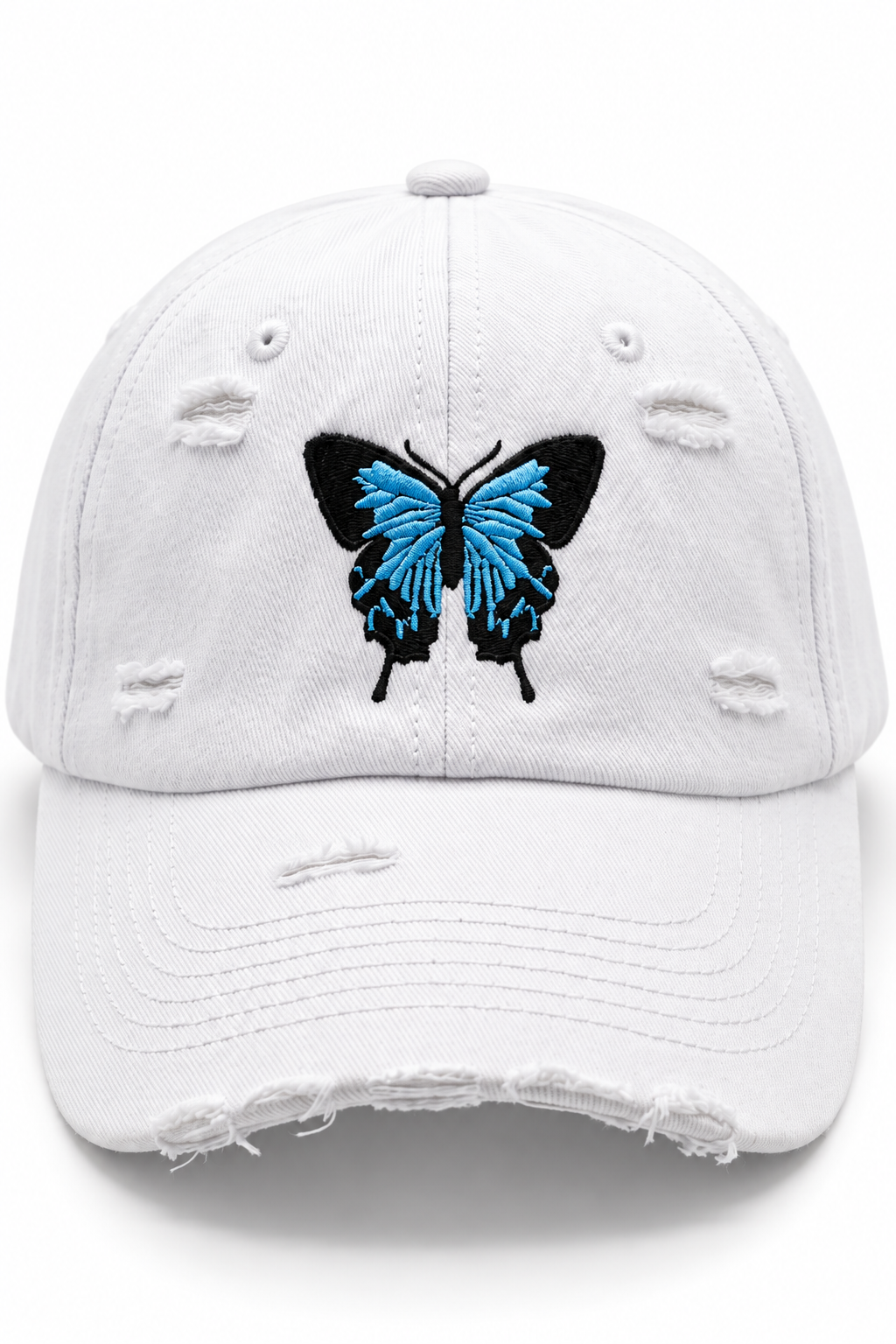 כובע BUTTERFLY B11 — לבן עם קרעים / ONE SIZE — תקריב פרטים