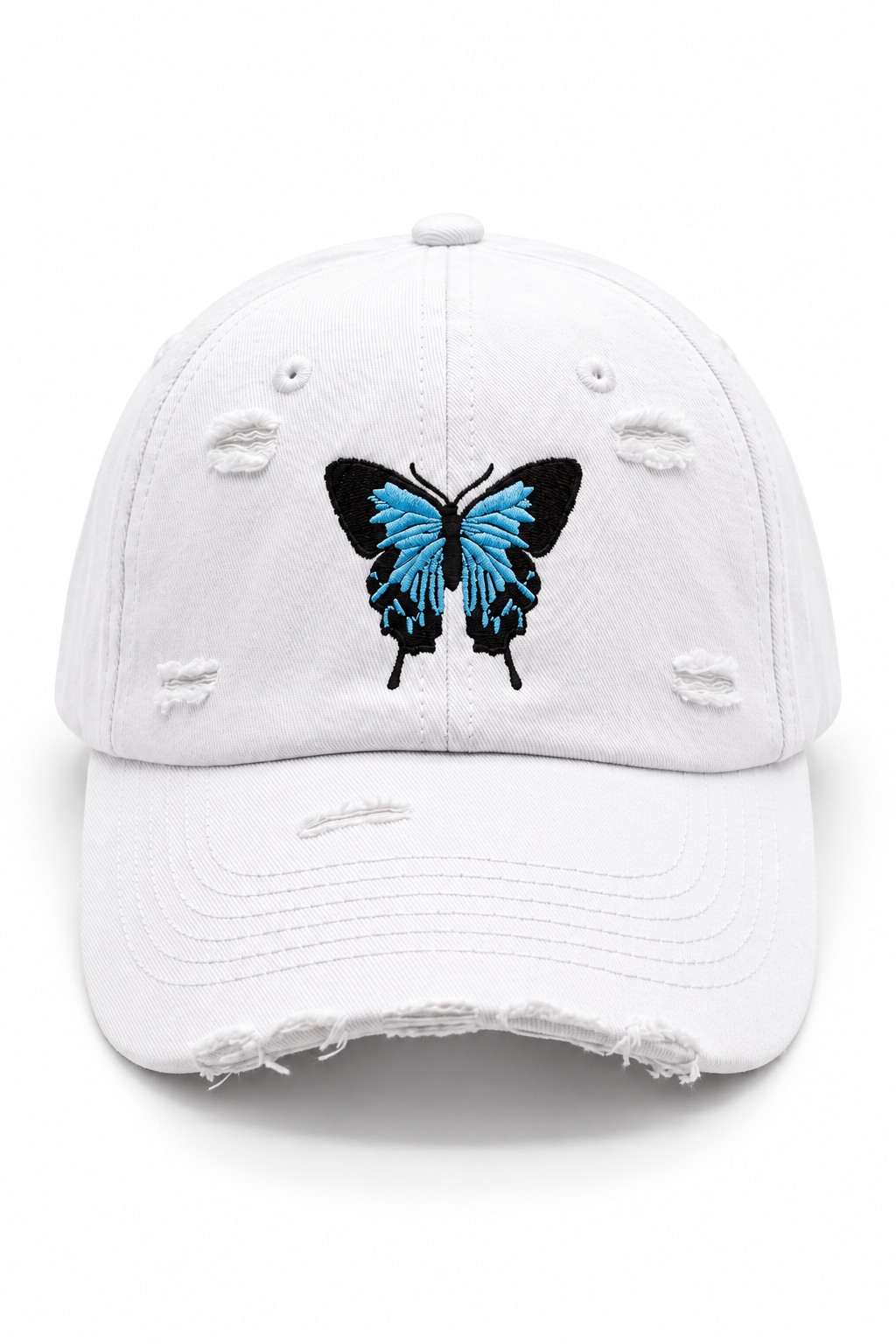 כובע BUTTERFLY B11 — לבן עם קרעים / ONE SIZE — מבט קדמי