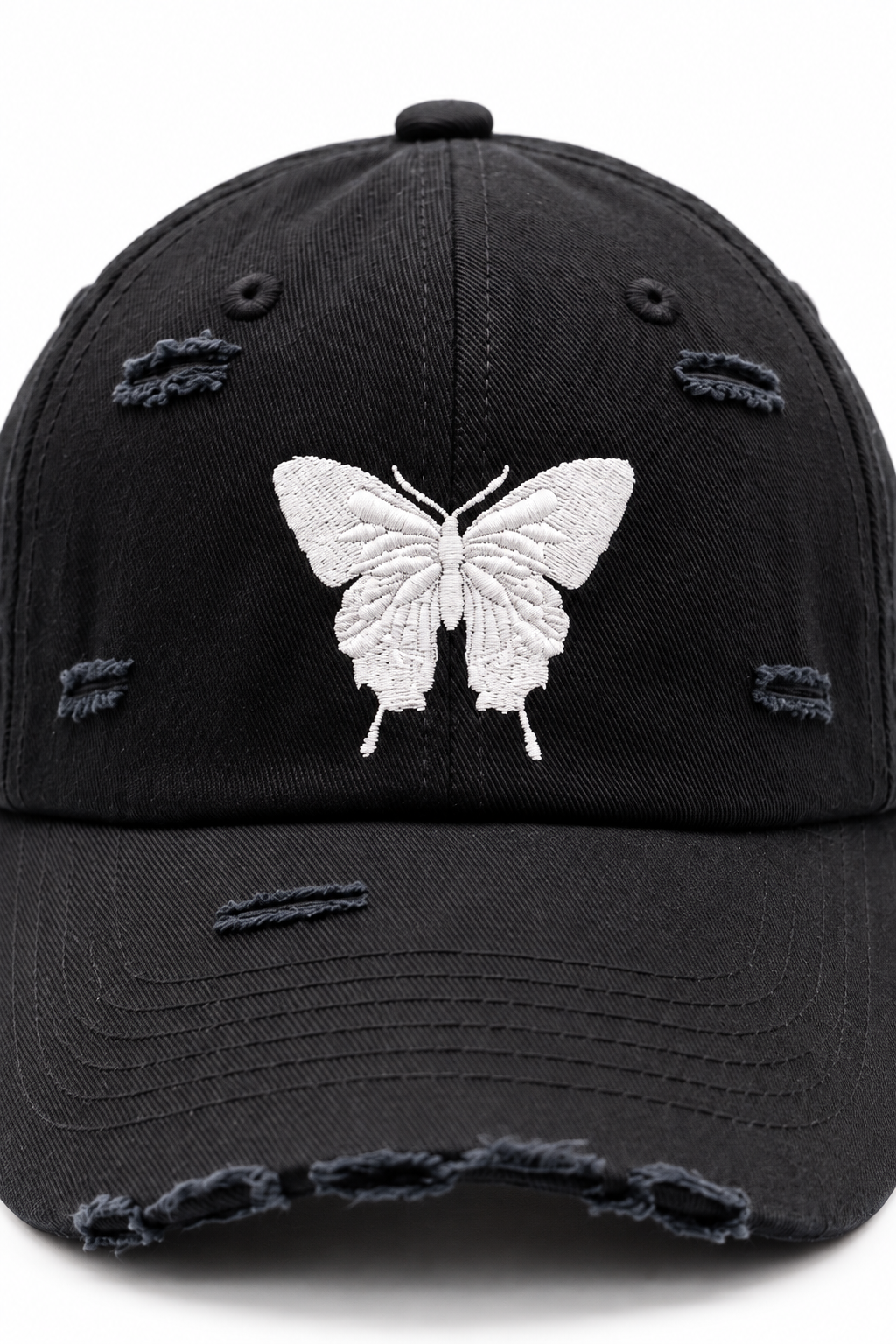 כובע BUTTERFLY B10 — שחור עם קרעים / ONE SIZE — תקריב פרטים