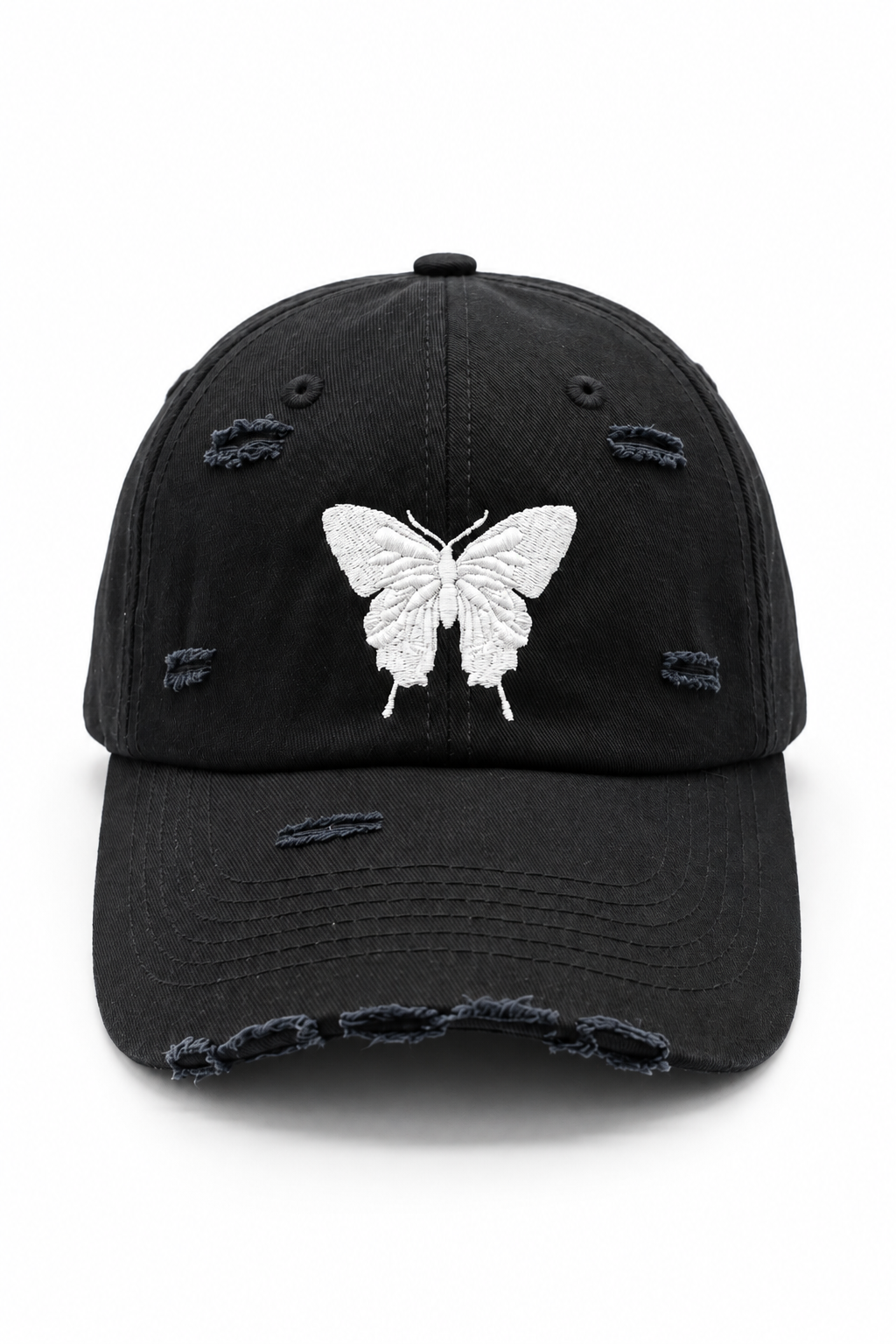כובע BUTTERFLY B10 — שחור עם קרעים / ONE SIZE — מבט קדמי
