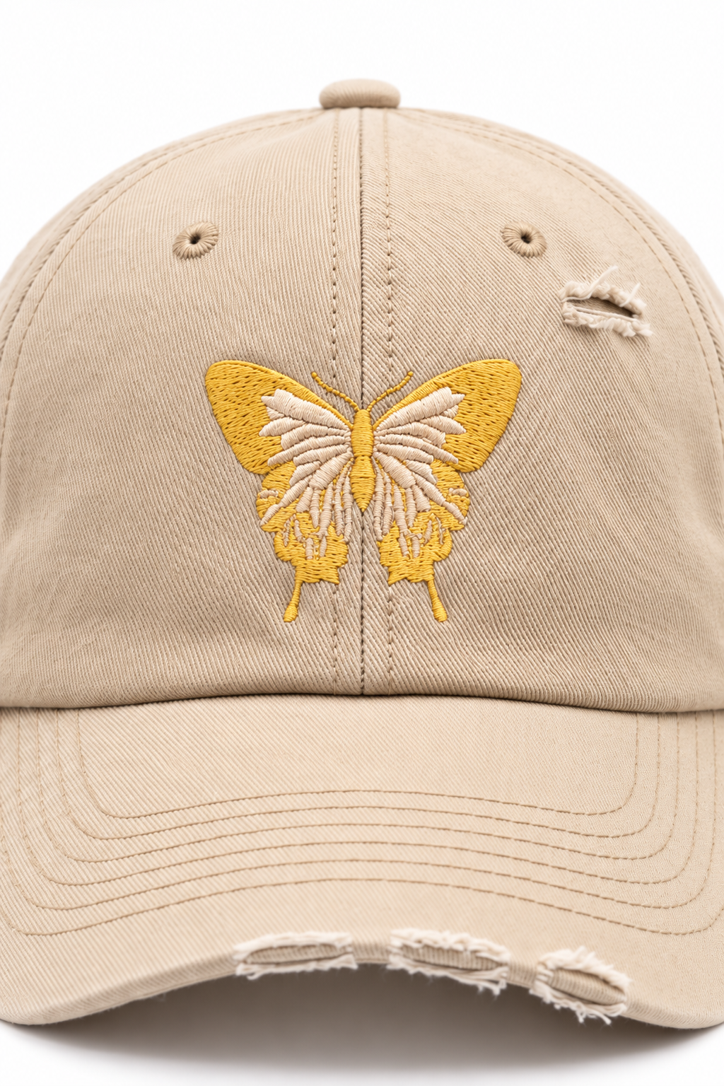 כובע BUTTERFLY B4 — קרם קרעים / ONE SIZE — תקריב פרטים
